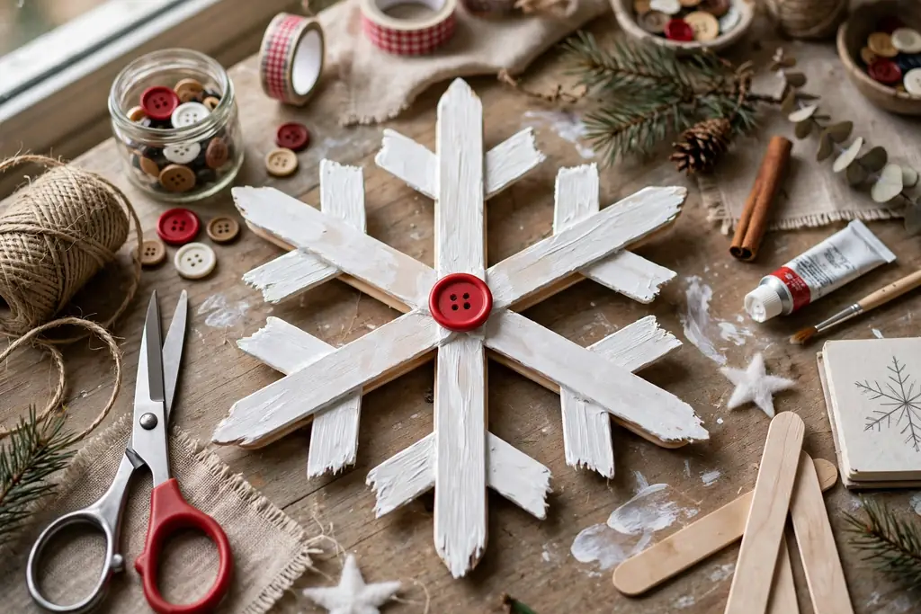Popsicle stick snowflake ornament painted white with a red button center on a craft table.