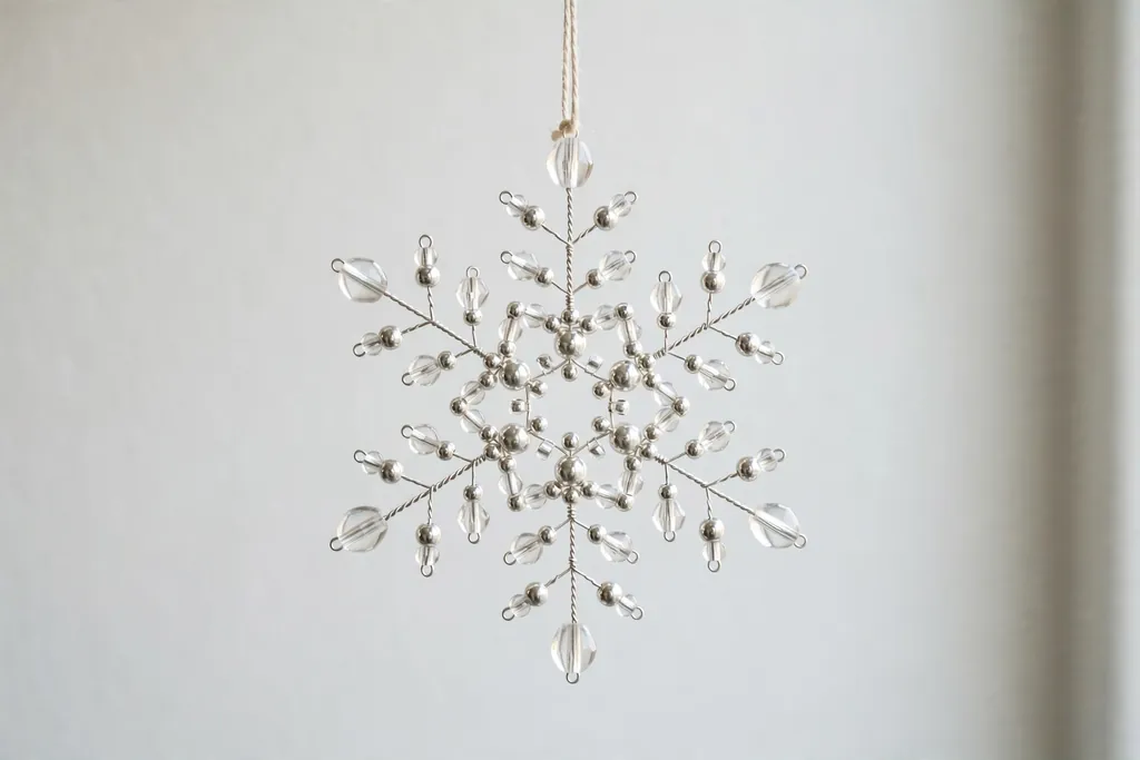 Beaded wire snowflake ornament in clear and silver beads hanging against a plain light background.