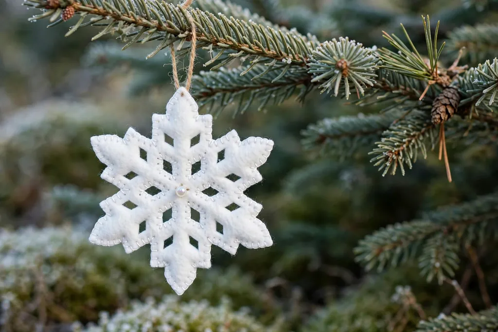 White felt snowflake ornament with blanket stitch edges and a small bead center on a tree branch.