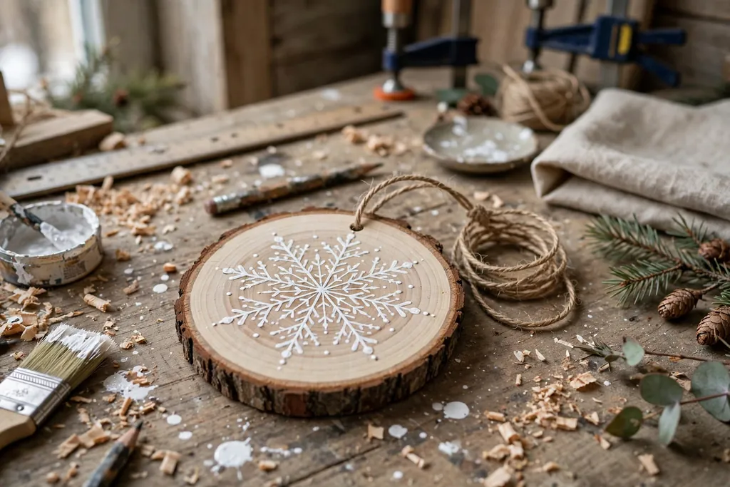 Wood slice ornament painted with a white snowflake design and a twine loop on a workbench.