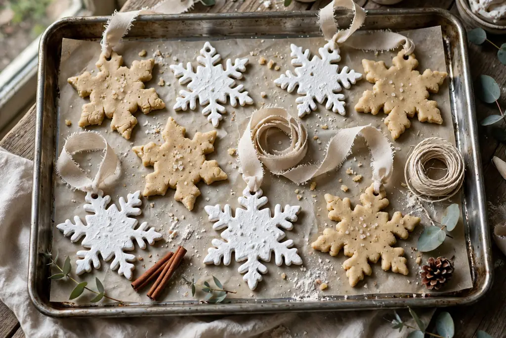Salt dough snowflake ornaments plain and painted white on a baking tray with ribbon.