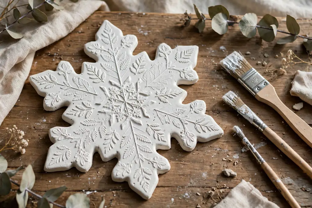 Air-dry clay snowflake ornament painted white with pressed texture on a table beside paint brushes.