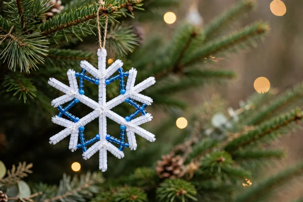 Pipe cleaner snowflake ornament in white with blue beads hanging on a Christmas tree.