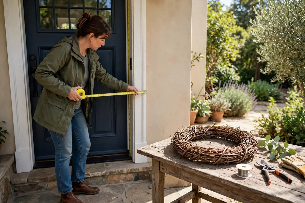 A person measuring a front door space with a tape measure beside a round grapevine wreath frame on a table.