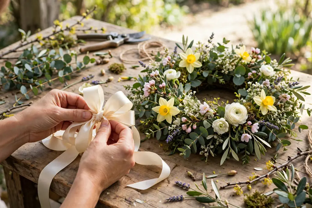 Hands forming a looped cream ribbon bow on a work table beside a finished spring wreath.