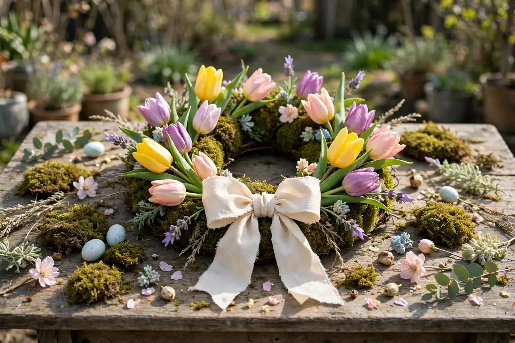 A spring wreath with tulips, a cream bow, moss clumps, and small pastel accents arranged on a work table.