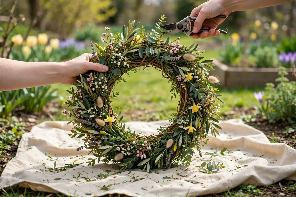 Hands trimming a stray greenery tip on a finished spring wreath held upright over a drop cloth.