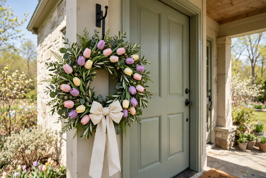 A finished spring wreath with pastel tulips and a cream bow being hung on a front door hook.