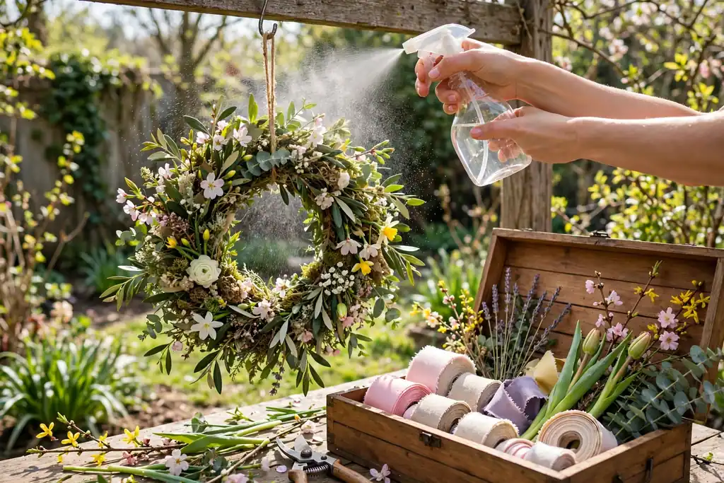 Hands misting a hanging spring wreath with a spray bottle, with a storage box of ribbon and flower stems nearby.