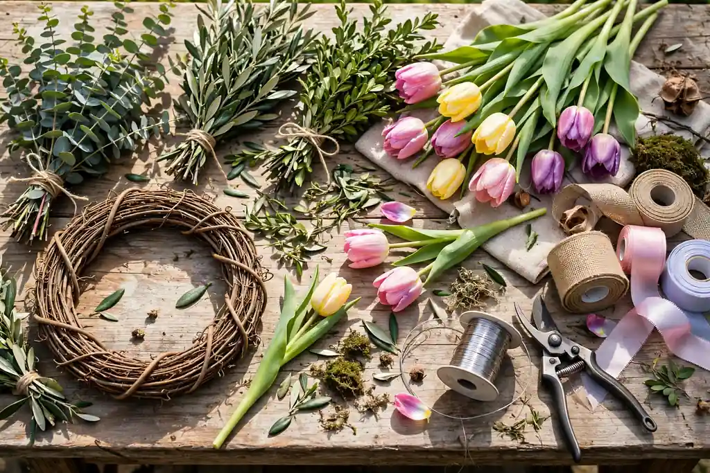 Spring wreath supplies laid out on a work table: grapevine frame, greenery bundles, tulips, floral wire, shears, and ribbon.