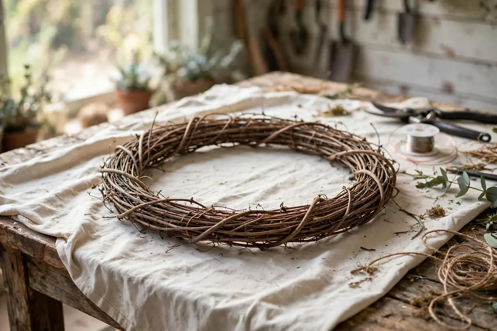 A bare grapevine wreath frame lying flat on a drop cloth on a work table, ready for greenery.