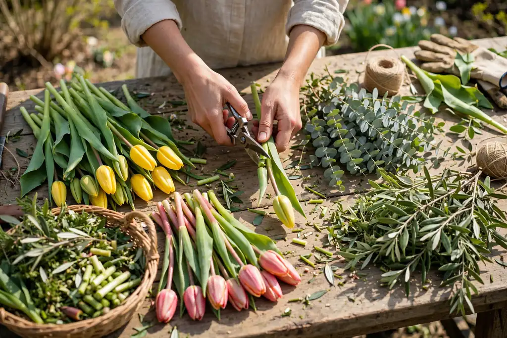 Hands trimming spring greenery and tulip stems with shears over a work table, with sorted piles of stems nearby.