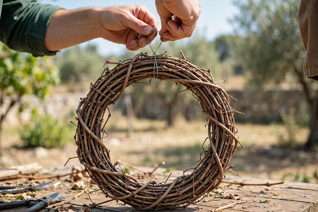 Hands twisting a wire hanging loop onto the top of a bare grapevine wreath frame.