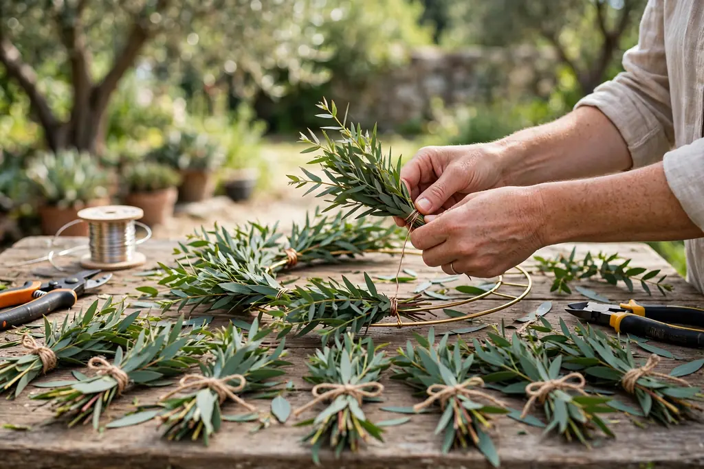 Hands wiring a small bundle of green eucalyptus onto a wreath frame, with more bundles waiting on the table.