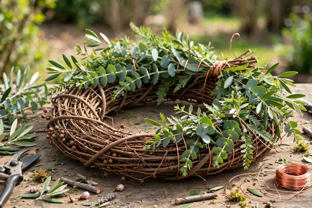 A half finished spring wreath with a second layer of leafy greenery being wired over the base layer.