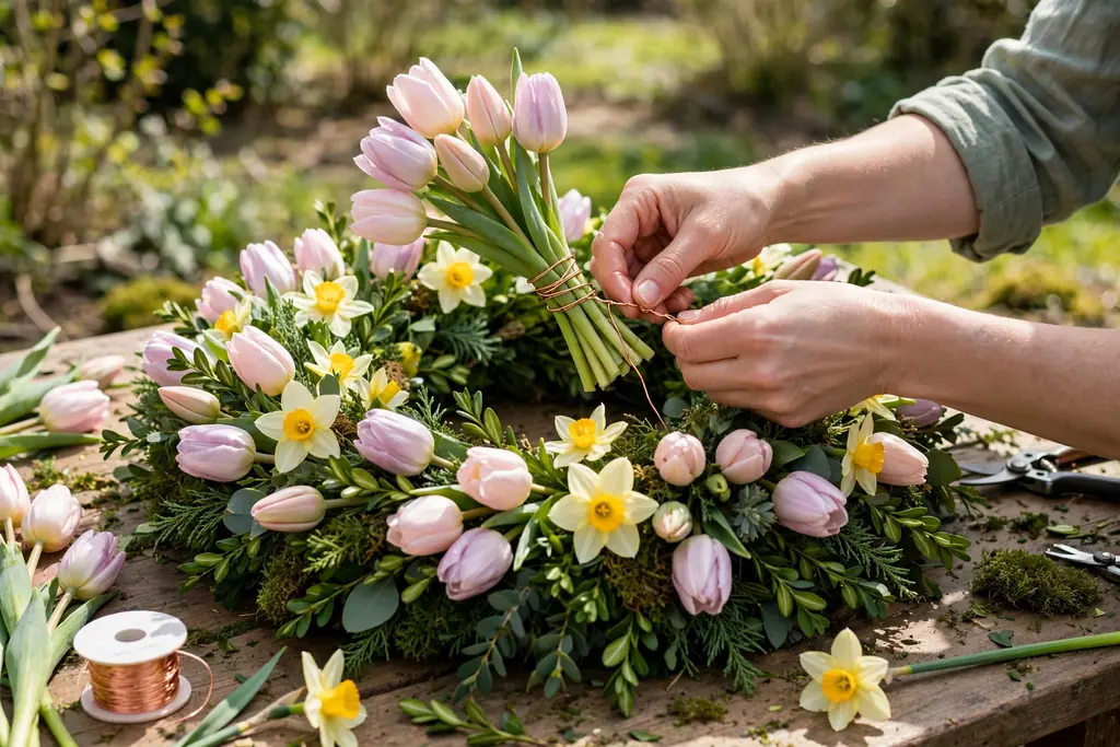Hands wiring groups of pastel tulips and daffodils onto a full green spring wreath.
