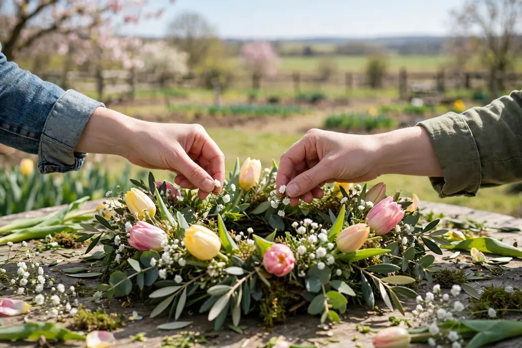 Hands tucking small white filler blooms and buds into gaps in a spring wreath with tulips.