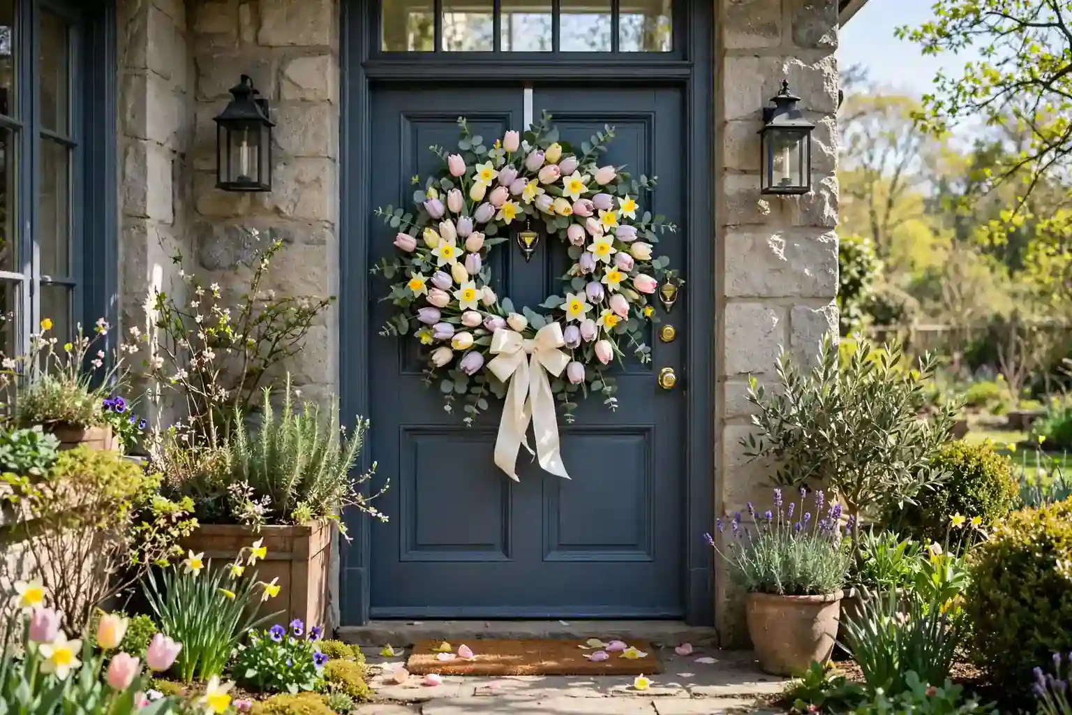A full spring wreath with pastel tulips, daffodils, green eucalyptus, and a cream ribbon bow hanging on a front door.