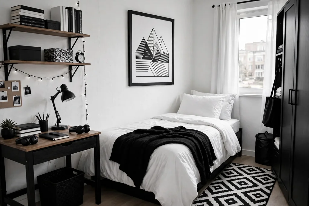 Dorm room with black and white decor, black framed graphic art, and white bedding with a black throw.