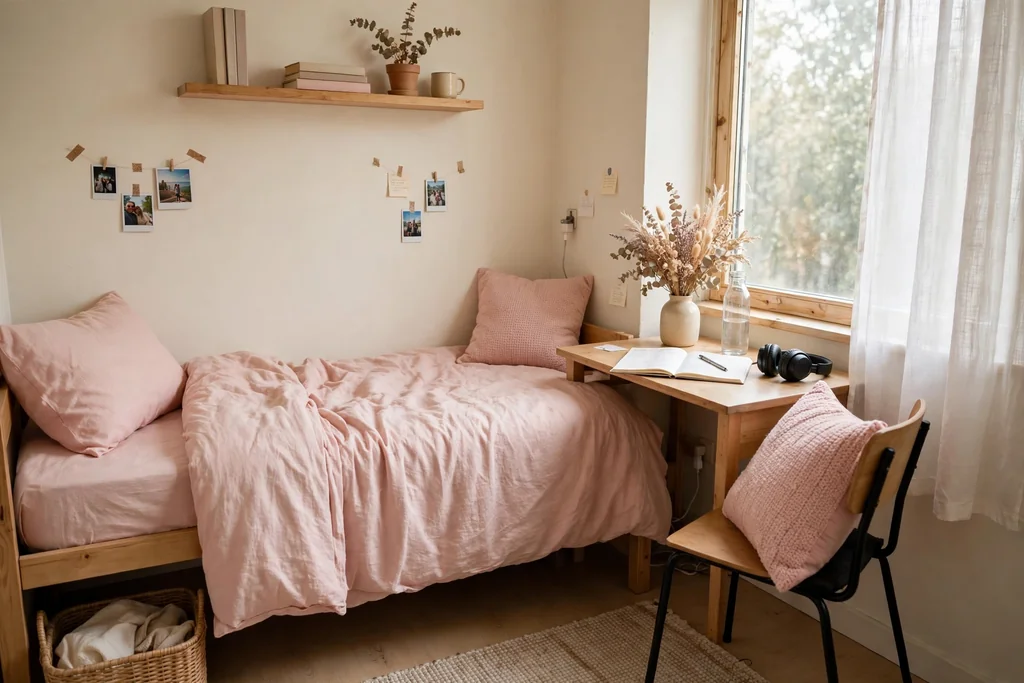 Dorm room with blush pink bedding, cream walls, and a small vase of dried flowers on a desk.