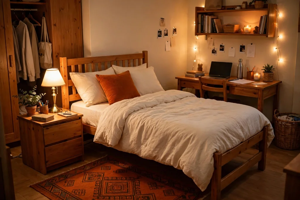 Warm dorm room with a burnt orange rug, wood furniture, and an orange cushion on cream bedding.