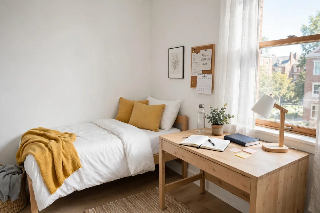Small dorm room with white walls, white bedding, a mustard yellow throw and cushions, and a light wood desk.