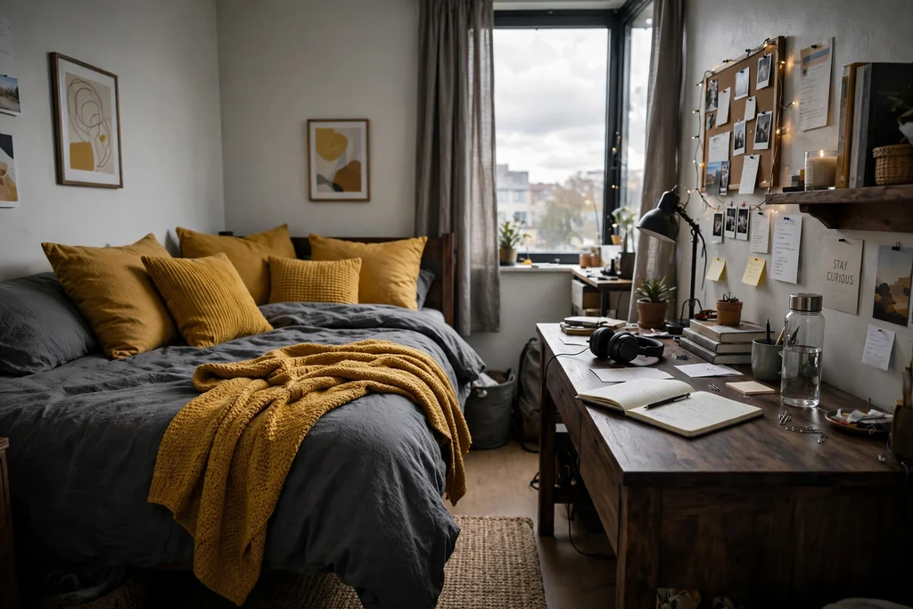 Dorm room with charcoal grey bedding, mustard cushions, and a mustard throw.