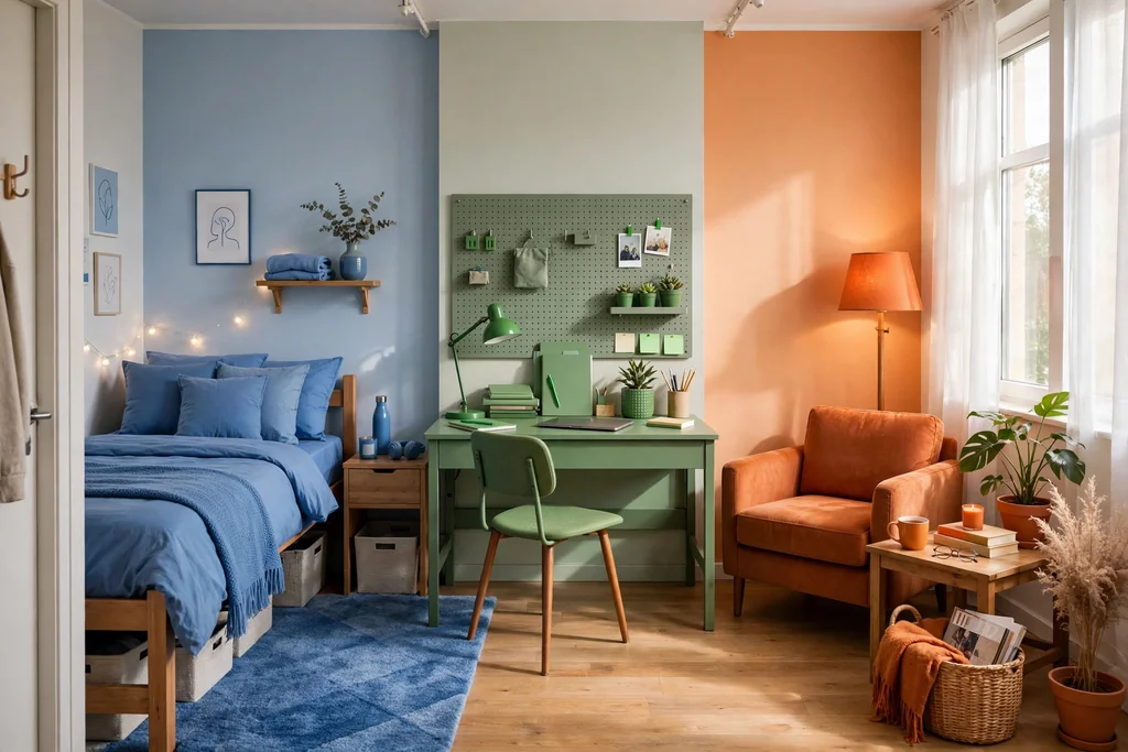 Dorm room divided into color zones, with blue sleep bedding, a green desk area, and an orange reading chair.