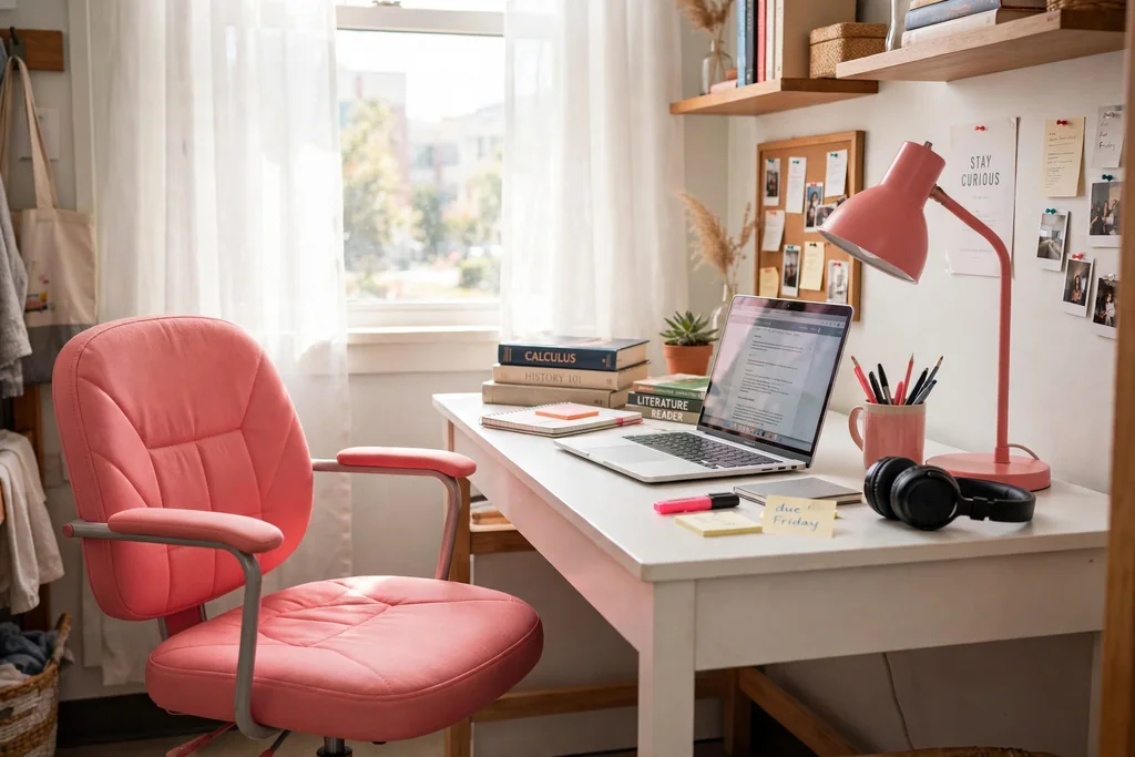 Dorm room desk with a coral chair and a matching coral lamp beside a white desk.