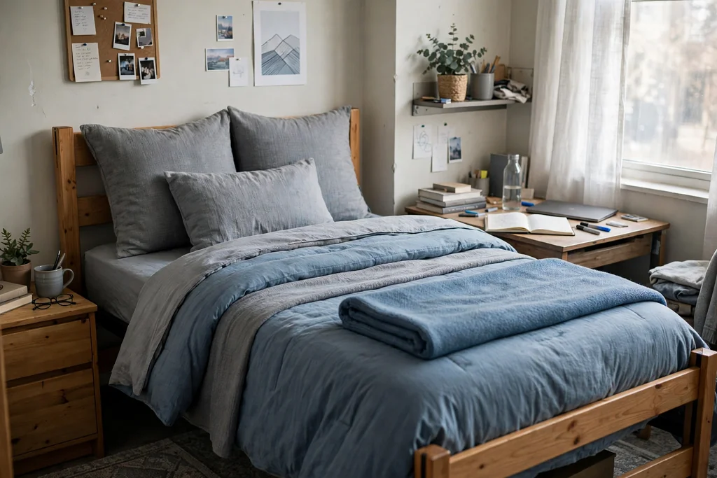 Dorm room bed with dusty blue and grey layered bedding and a blue throw folded at the foot.