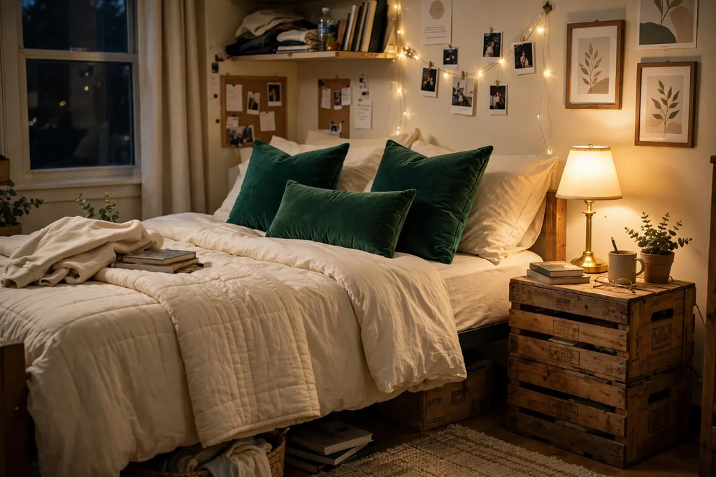 Dorm room bed with emerald velvet cushions and a small gold lamp on a crate nightstand.
