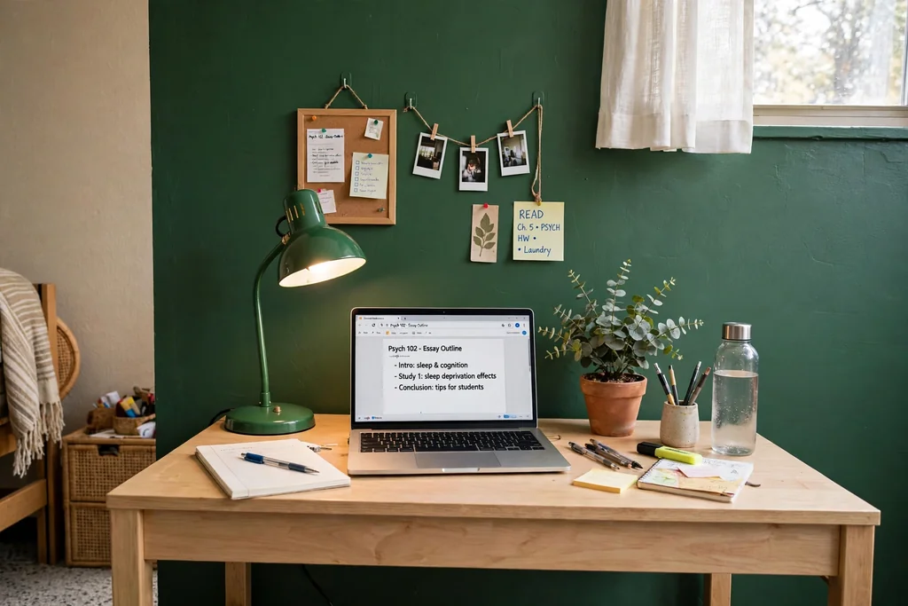 Dorm room study corner with a forest green desk wall, a light wood desk, and a green lamp.