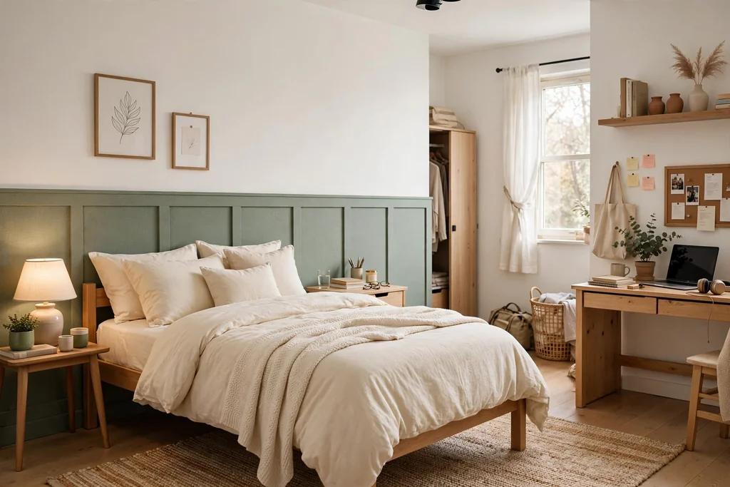 Dorm room with a sage half wall effect from removable panels and a bed with cream bedding.