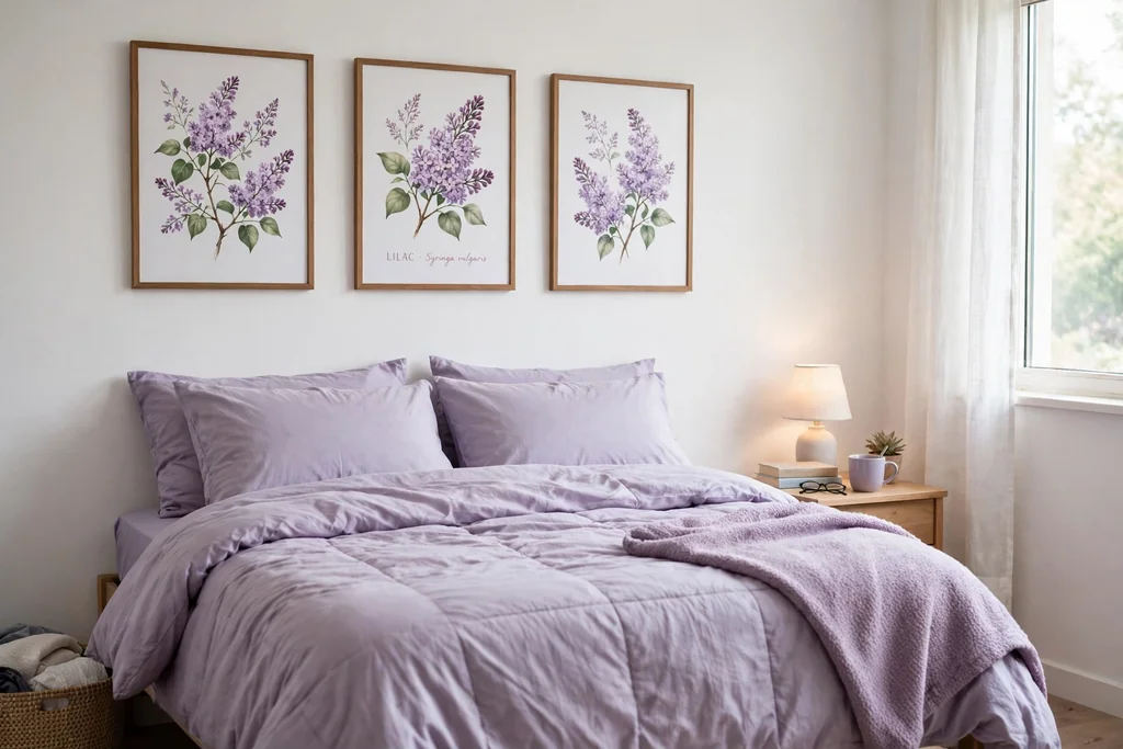 Dorm room bed with lavender bedding and lilac wall art prints above the bed.