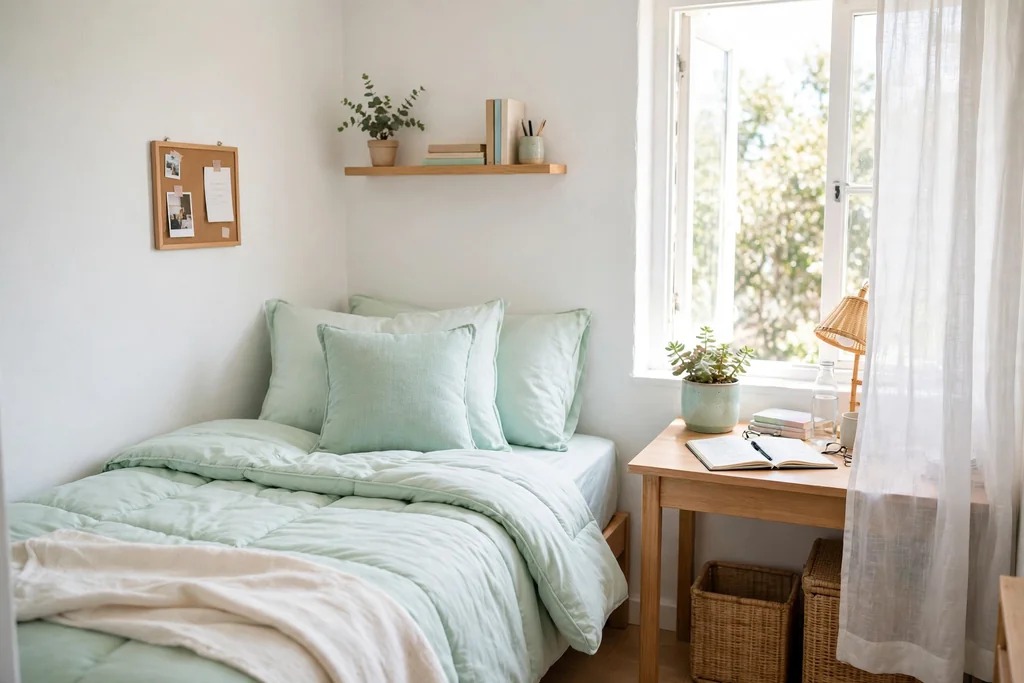 Fresh small dorm room with pastel mint bedding, white walls, and a small plant.