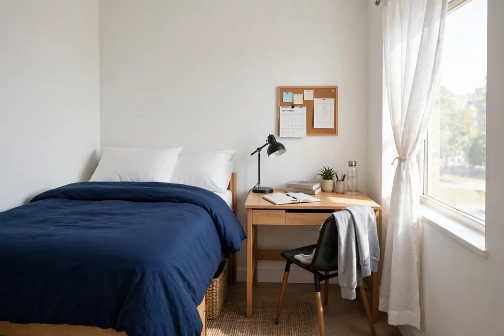 Dorm room with a bed dressed in deep navy bedding and white pillows beside a small desk.