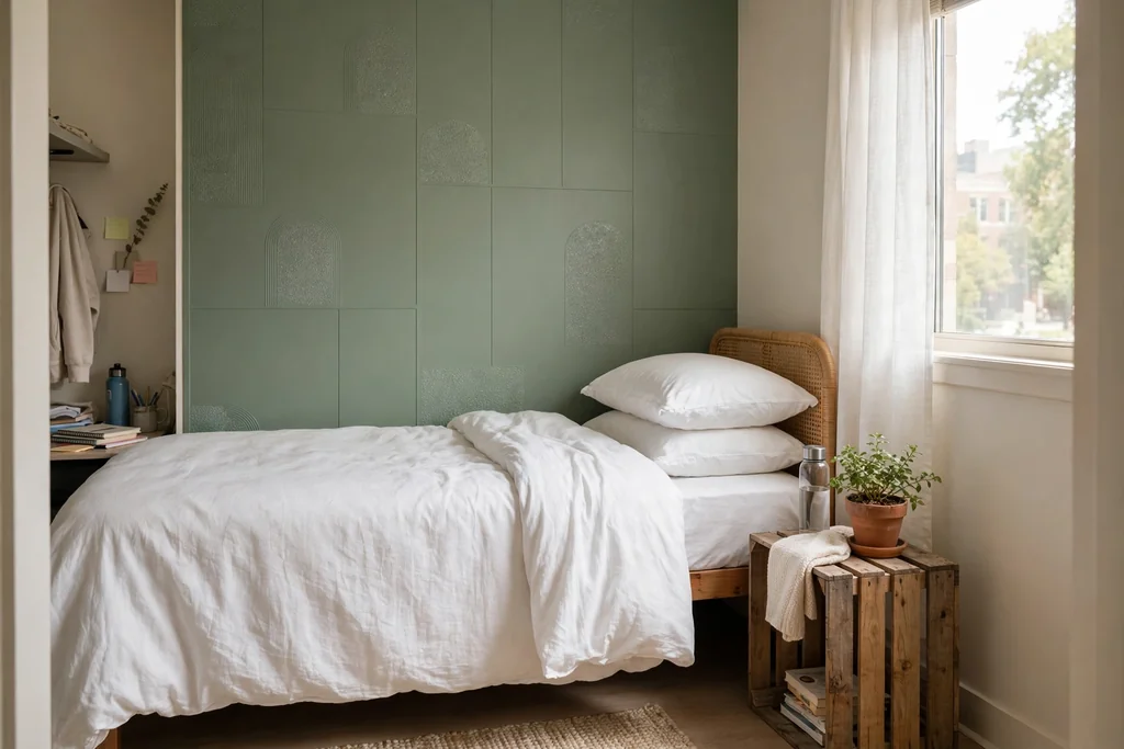 Dorm room bed with a sage green peel-and-stick accent wall behind the headboard and white bedding.