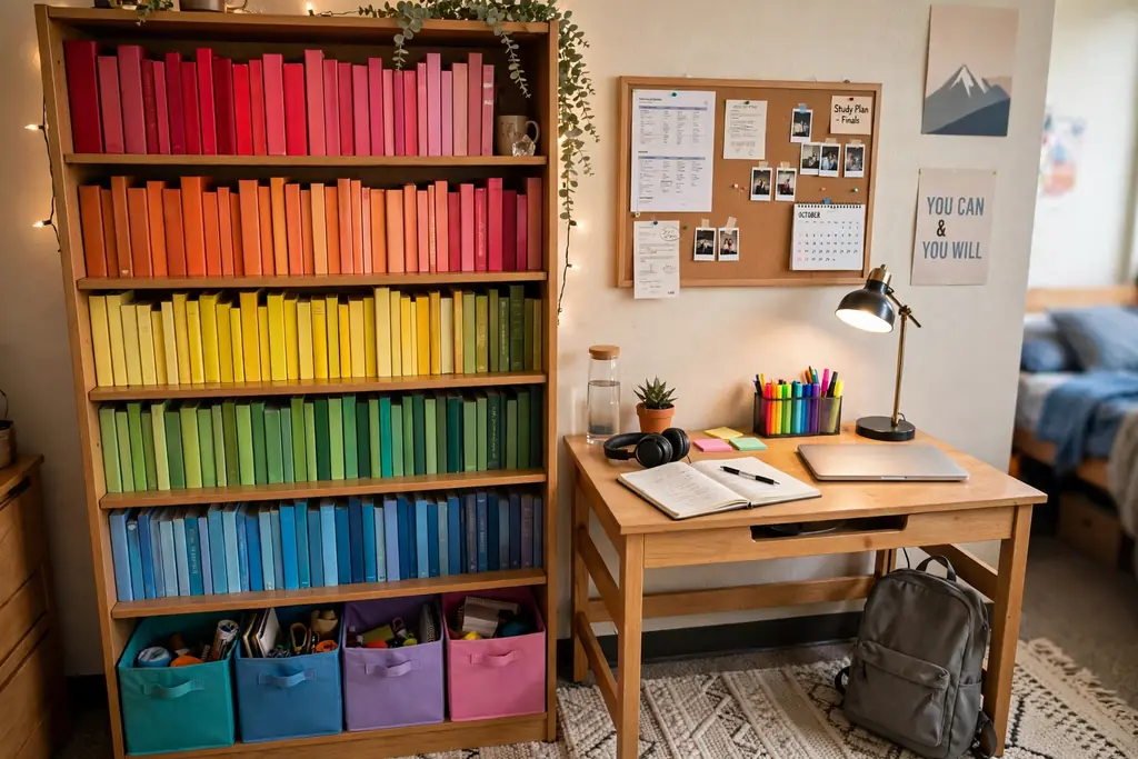 Dorm room bookshelf with books arranged by color in rainbow order and colorful storage bins.