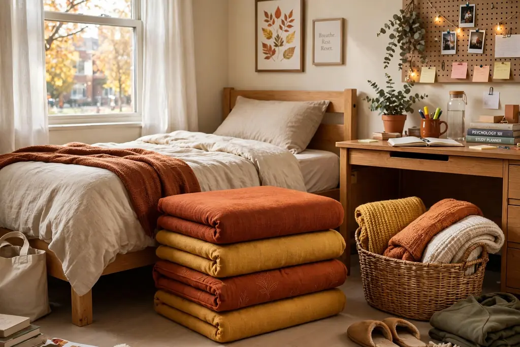 Dorm room bed with autumn cushion covers in rust and gold stacked beside it and a basket of folded throws.