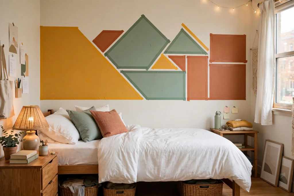 Dorm room wall with a color blocked tape mural in mustard, sage, and terracotta above a bed.
