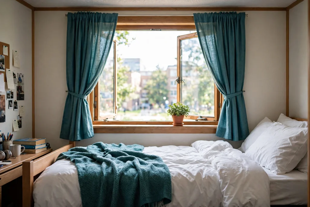 Dorm room window with teal curtains and a teal throw on a bed with white bedding.