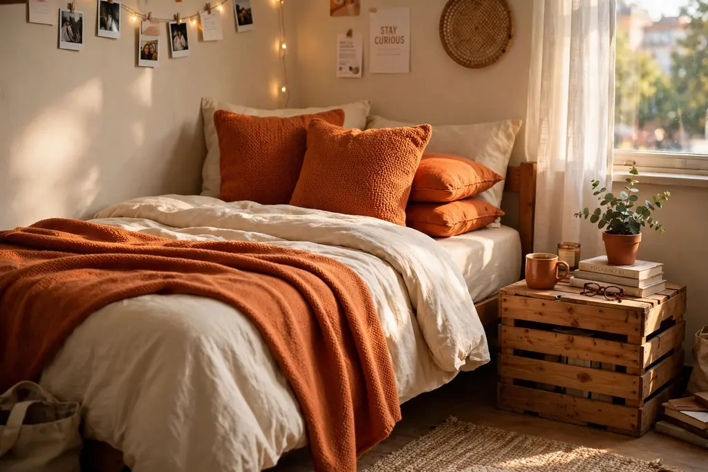 Dorm room bed with terracotta cushions and a throw over cream bedding.
