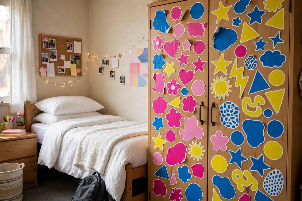 Dorm room wardrobe doors covered with colorful removable decals in blue, yellow, and pink shapes.