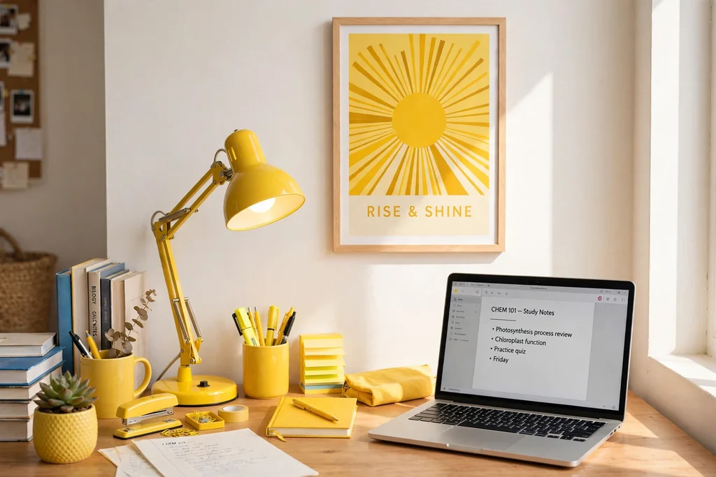 Dorm room desk with sunny yellow accessories, a yellow lamp, and a yellow art print on a white wall.