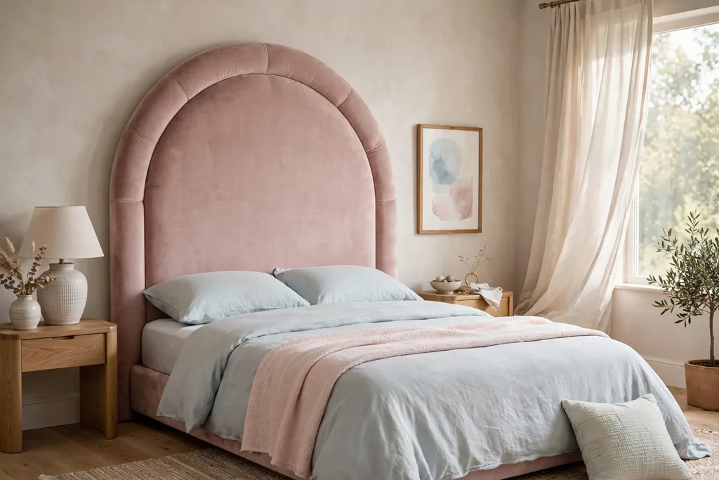 Bedroom with an arched blush velvet upholstered headboard and plain pastel bedding.