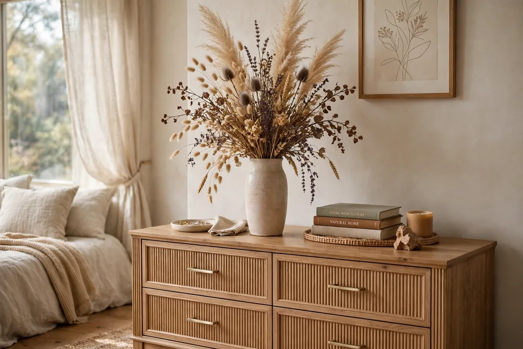 Bedroom dresser with a tall vase of dried flowers and pampas stems.