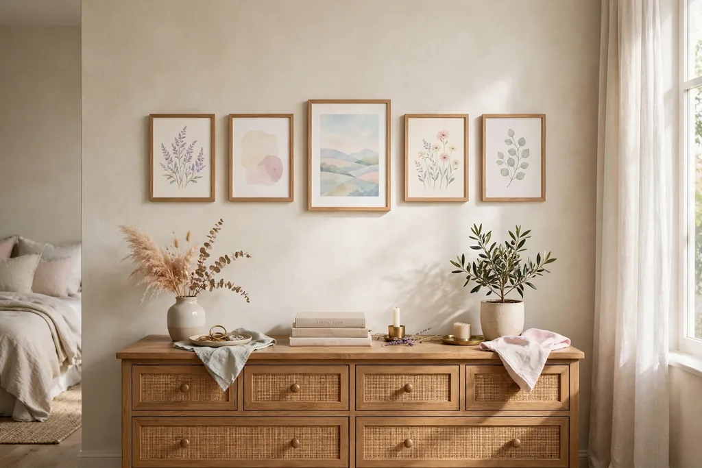 Bedroom wall with a small gallery of framed pastel prints above a dresser.