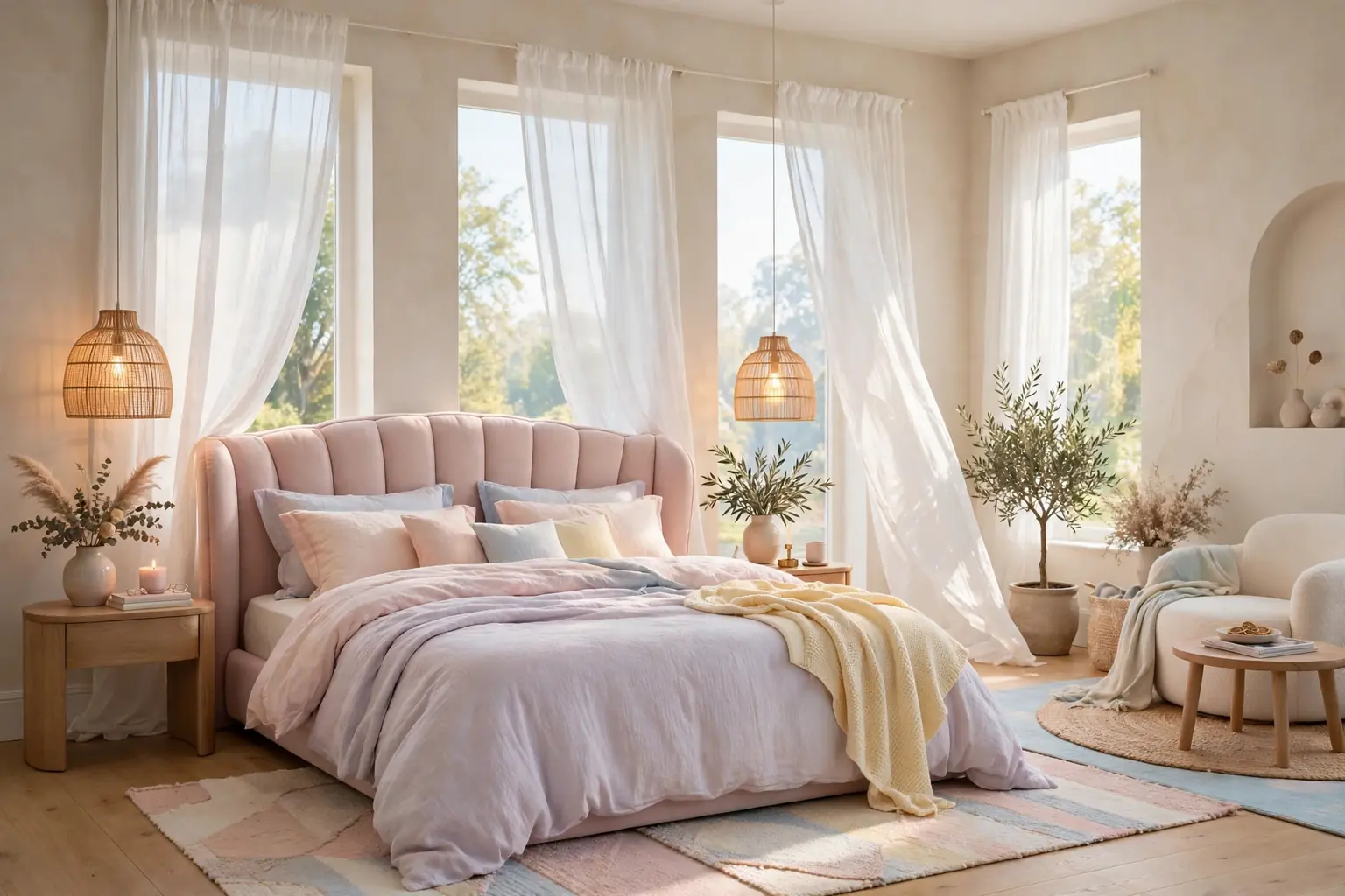 Wide dreamy bedroom with pastel bedding, sheer curtains, soft warm light, and a blush upholstered headboard.