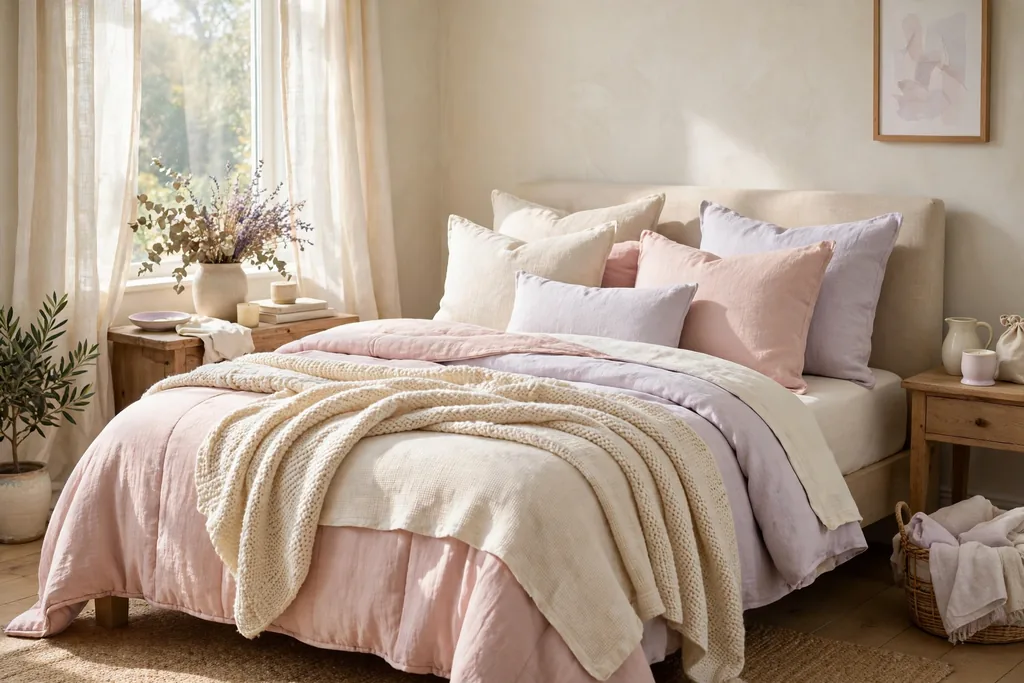 Bed with layered pastel bedding in blush, cream, and pale lilac, with linen cushions and a knit throw.