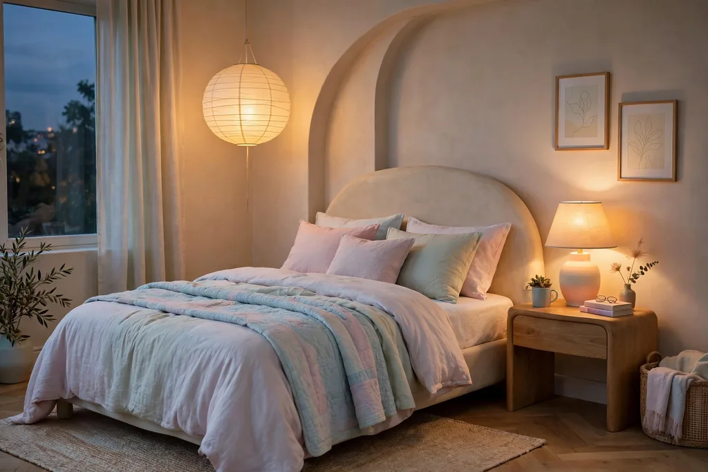 Bedroom in the evening with a glowing paper lantern and a warm bedside lamp.
